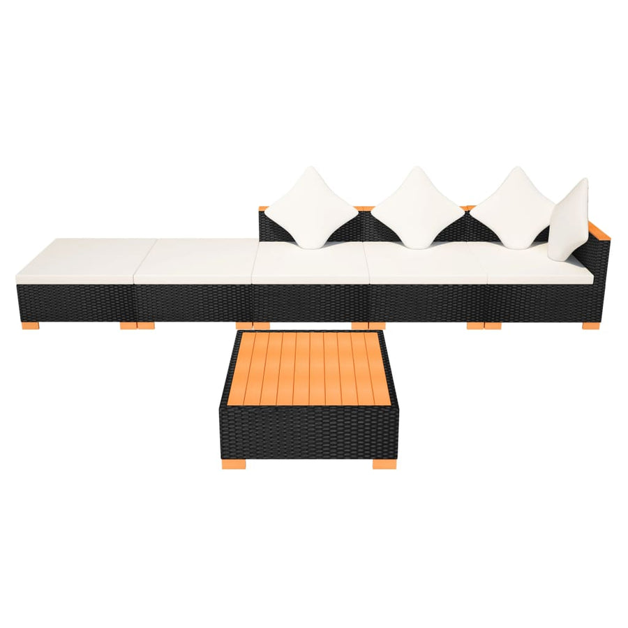 6-Delige Loungeset Met Kussens Poly Rattan Zwart hoek + 2x midden + 2x voetensteun + Tafel