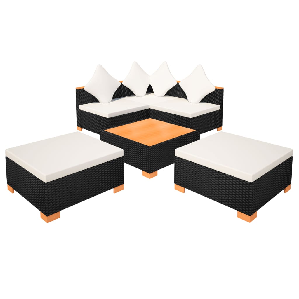 6-Delige Loungeset Met Kussens Poly Rattan Zwart hoek + 2x midden + 2x voetensteun + Tafel