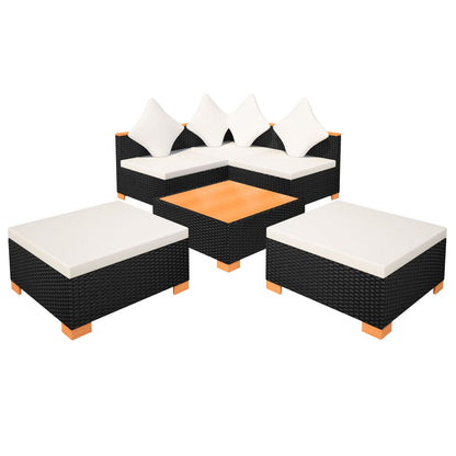 6-Delige Loungeset Met Kussens Poly Rattan Zwart hoek + 2x midden + 2x voetensteun + Tafel