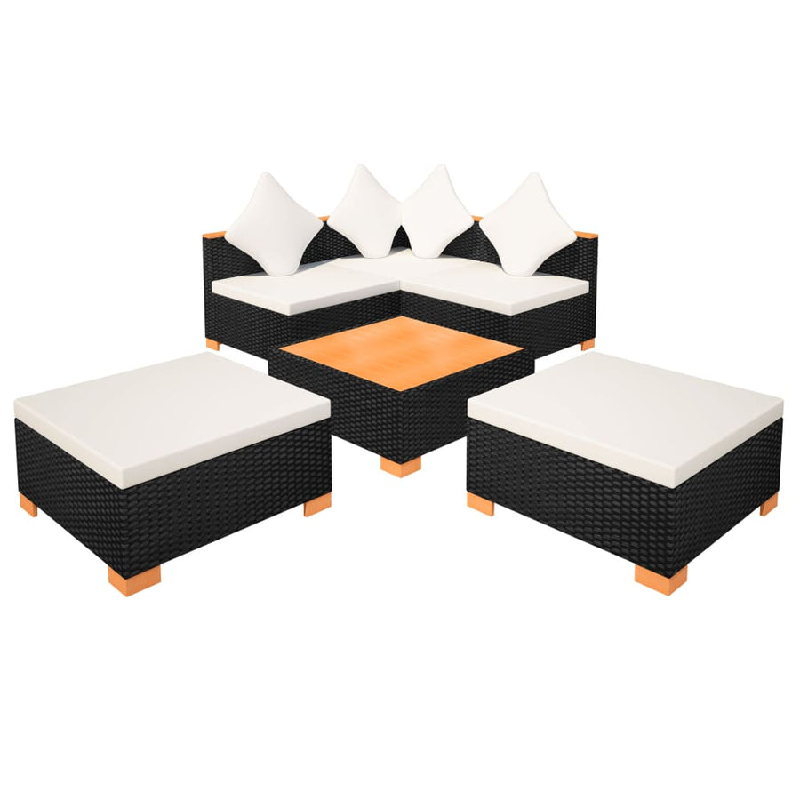 6-Delige Loungeset Met Kussens Poly Rattan Zwart hoek + 2x midden + 2x voetensteun + Tafel
