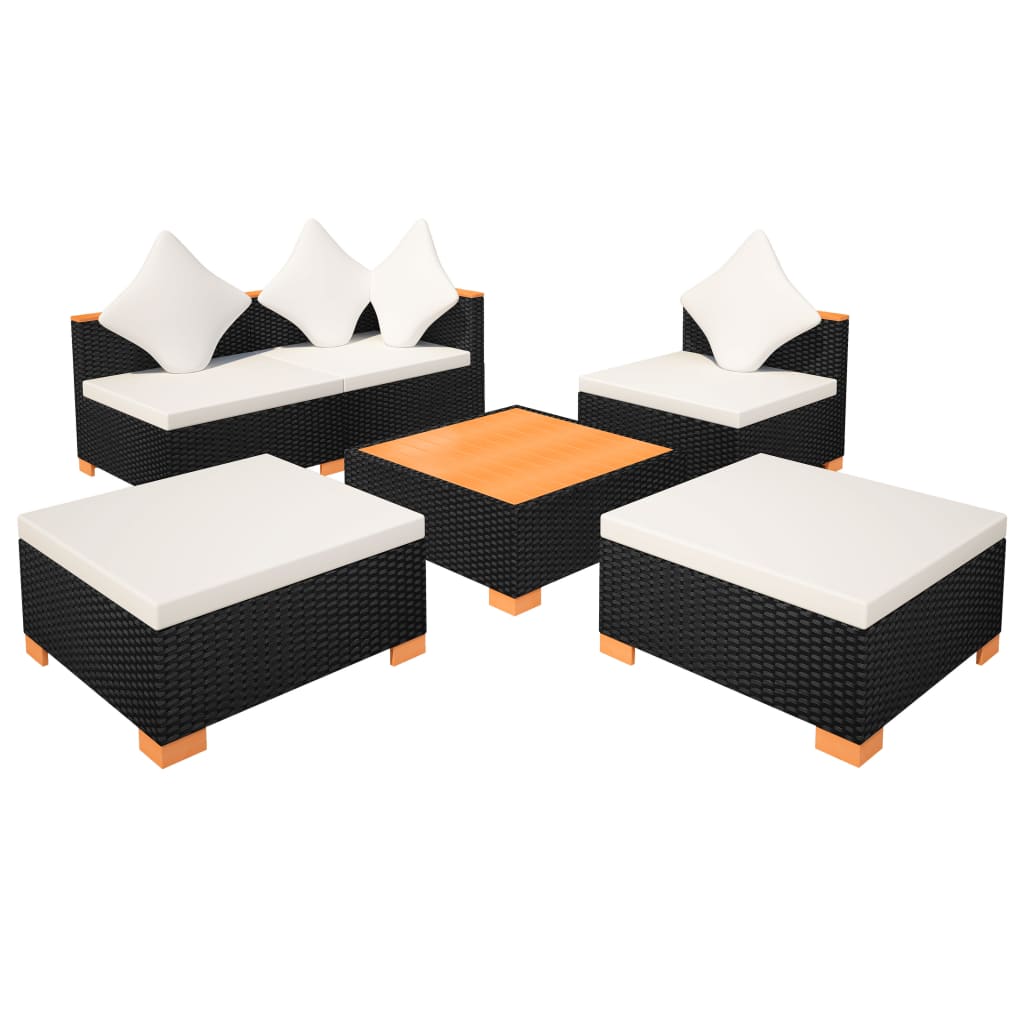 6-Delige Loungeset Met Kussens Poly Rattan Zwart hoek + 2x midden + 2x voetensteun + Tafel
