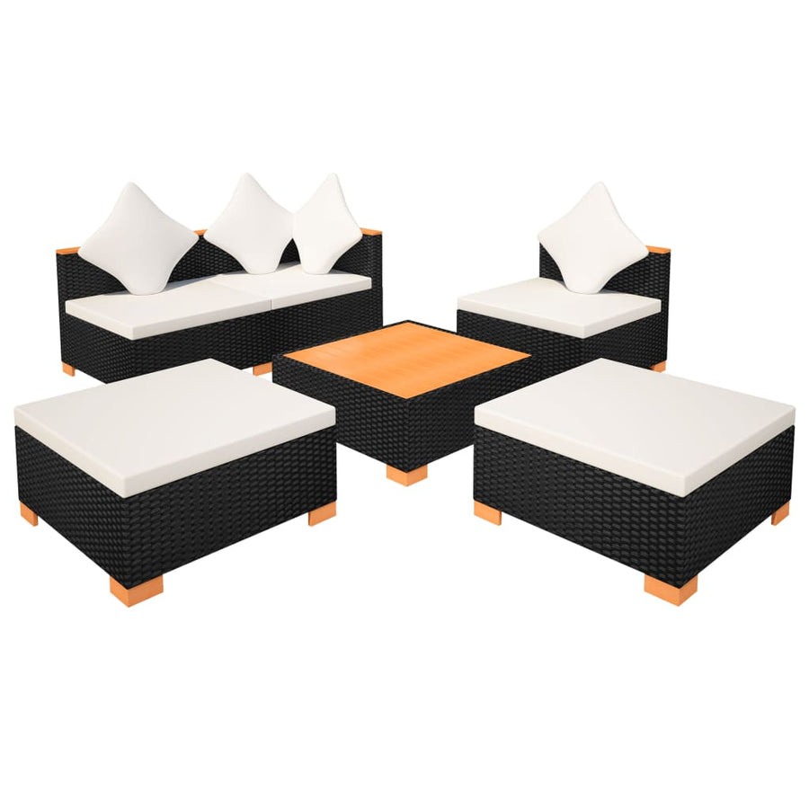 6-Delige Loungeset Met Kussens Poly Rattan Zwart hoek + 2x midden + 2x voetensteun + Tafel