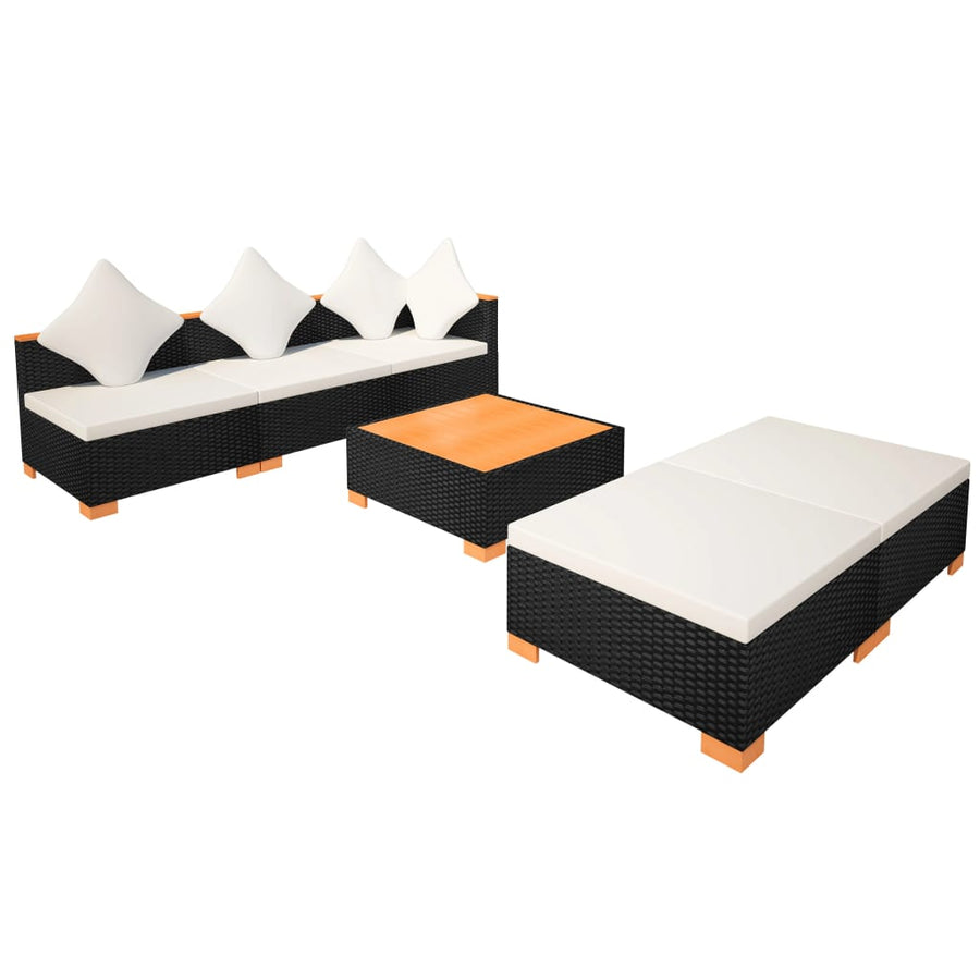 6-Delige Loungeset Met Kussens Poly Rattan Zwart hoek + 2x midden + 2x voetensteun + Tafel