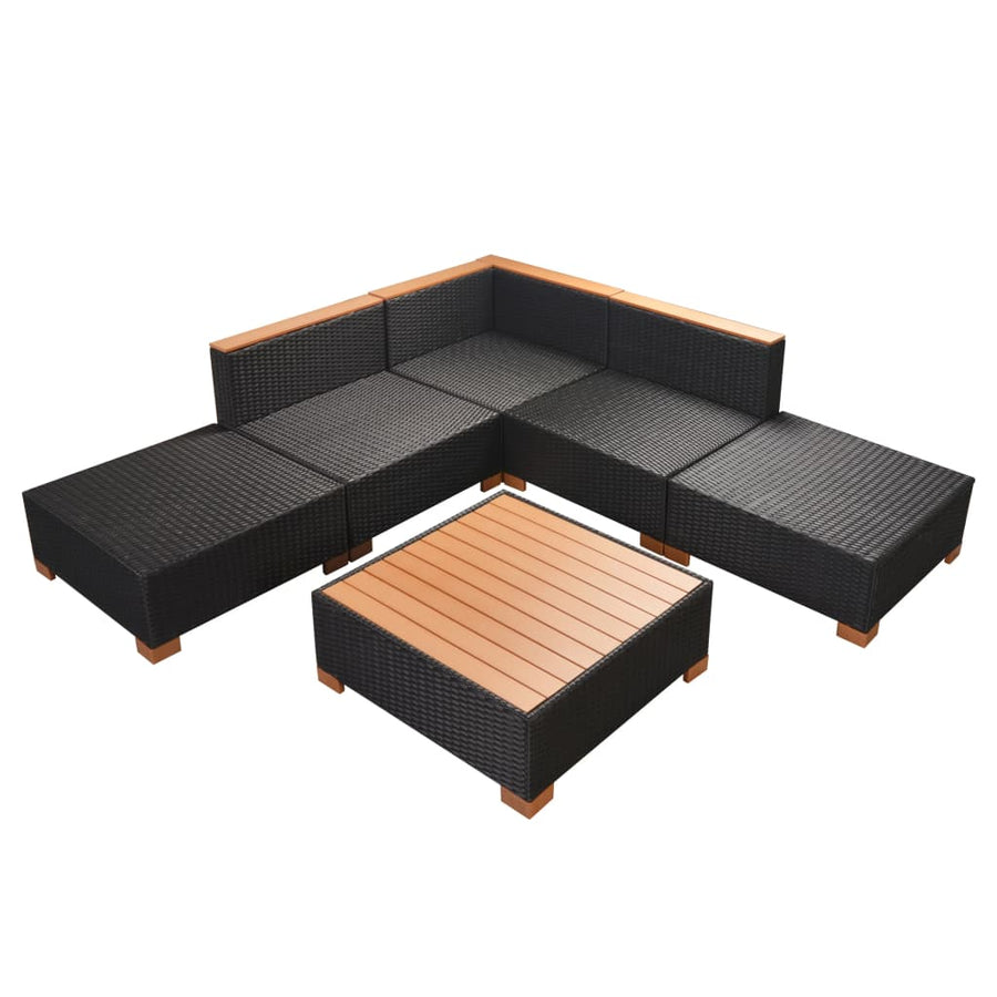6-Delige Loungeset Met Kussens Poly Rattan Zwart hoek + 2x midden + 2x voetensteun + Tafel