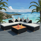 6-Delige Loungeset Met Kussens Poly Rattan Zwart hoek + 2x midden + 2x voetensteun + Tafel