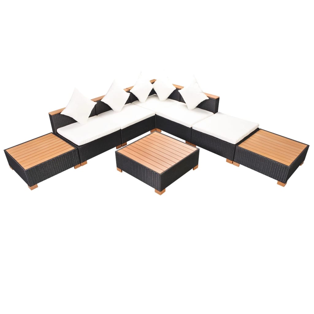 8-Delige Loungeset Met Kussens Poly Rattan Zwart hoek + 3x midden + 3x voetensteun + Tafel