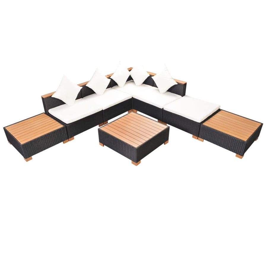 8-Delige Loungeset Met Kussens Poly Rattan Zwart hoek + 3x midden + 3x voetensteun + Tafel