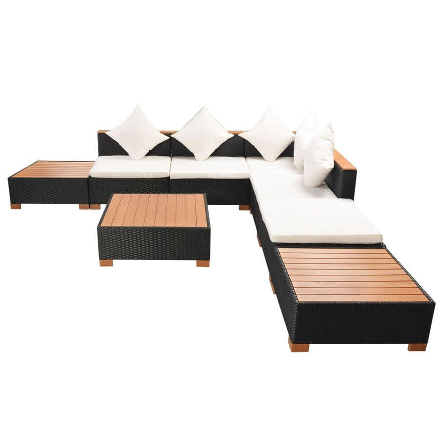 8-Delige Loungeset Met Kussens Poly Rattan Zwart hoek + 3x midden + 3x voetensteun + Tafel