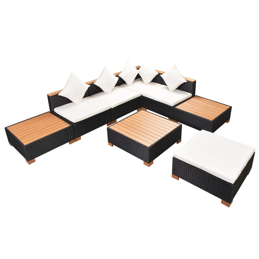 8-Delige Loungeset Met Kussens Poly Rattan Zwart hoek + 3x midden + 3x voetensteun + Tafel
