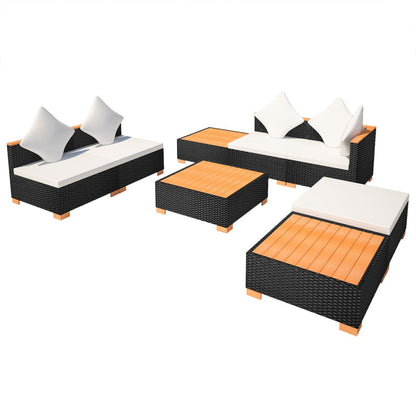 8-Delige Loungeset Met Kussens Poly Rattan Zwart hoek + 3x midden + 3x voetensteun + Tafel
