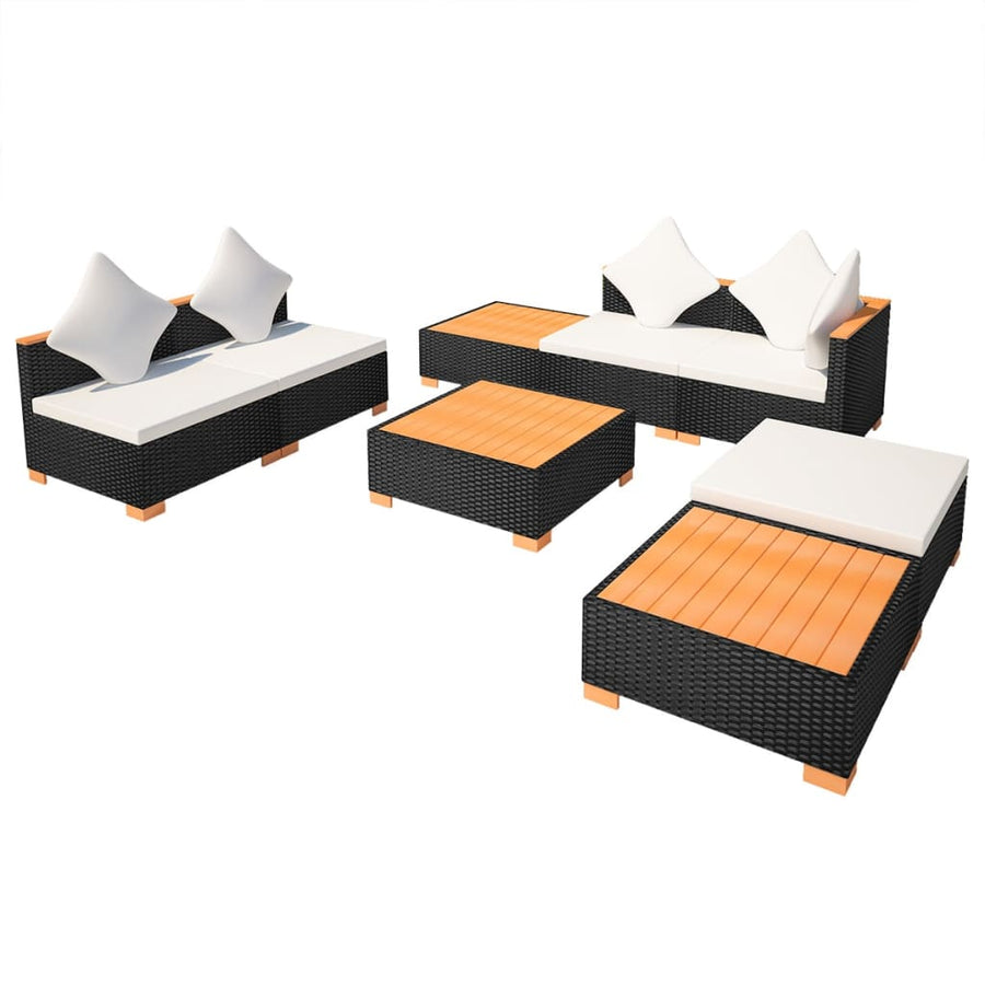 8-Delige Loungeset Met Kussens Poly Rattan Zwart hoek + 3x midden + 3x voetensteun + Tafel
