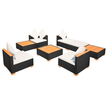 8-Delige Loungeset Met Kussens Poly Rattan Zwart hoek + 3x midden + 3x voetensteun + Tafel