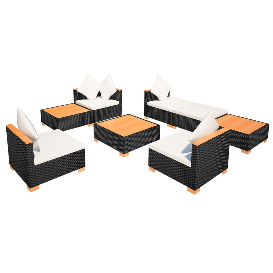 8-Delige Loungeset Met Kussens Poly Rattan Zwart hoek + 3x midden + 3x voetensteun + Tafel