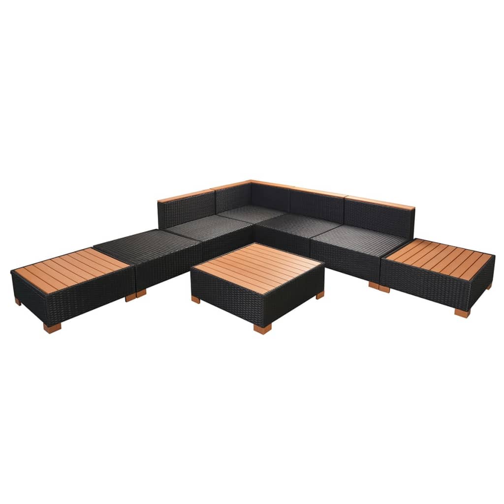 8-Delige Loungeset Met Kussens Poly Rattan Zwart hoek + 3x midden + 3x voetensteun + Tafel