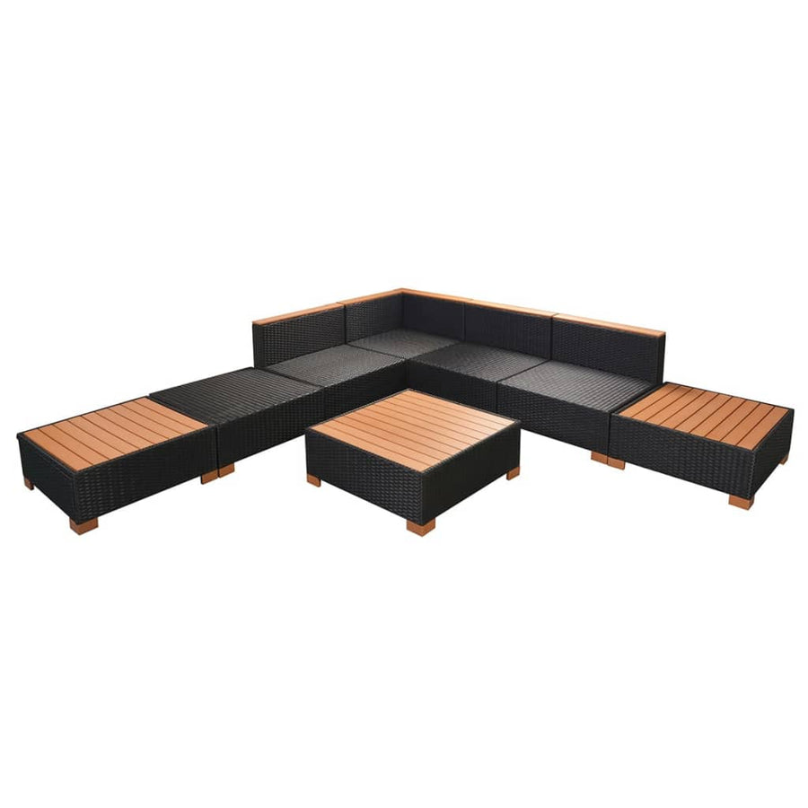 8-Delige Loungeset Met Kussens Poly Rattan Zwart hoek + 3x midden + 3x voetensteun + Tafel