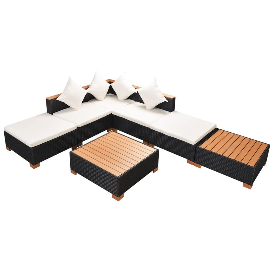7-Delige Loungeset Met Kussens Poly Rattan Zwart hoek + 2x midden + 3x voetensteun + Tafel