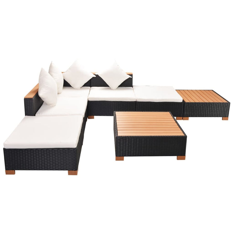 7-Delige Loungeset Met Kussens Poly Rattan Zwart hoek + 2x midden + 3x voetensteun + Tafel