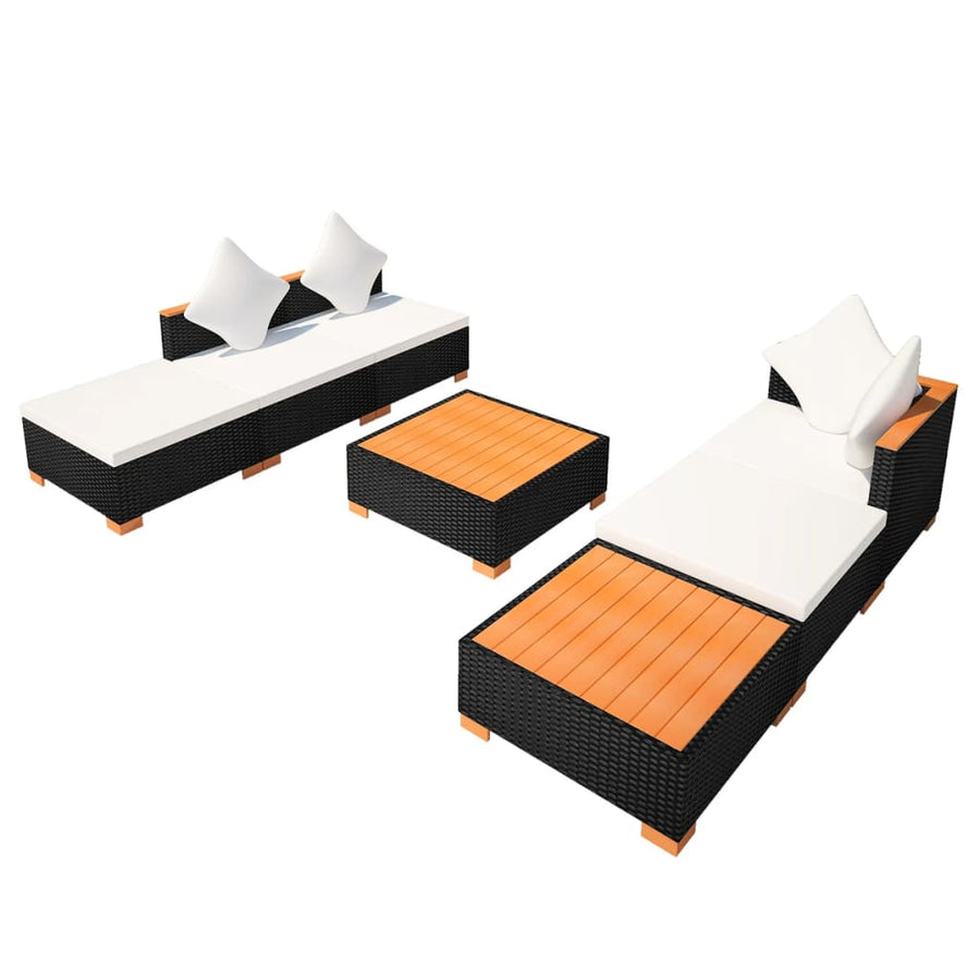 7-Delige Loungeset Met Kussens Poly Rattan Zwart hoek + 2x midden + 3x voetensteun + Tafel