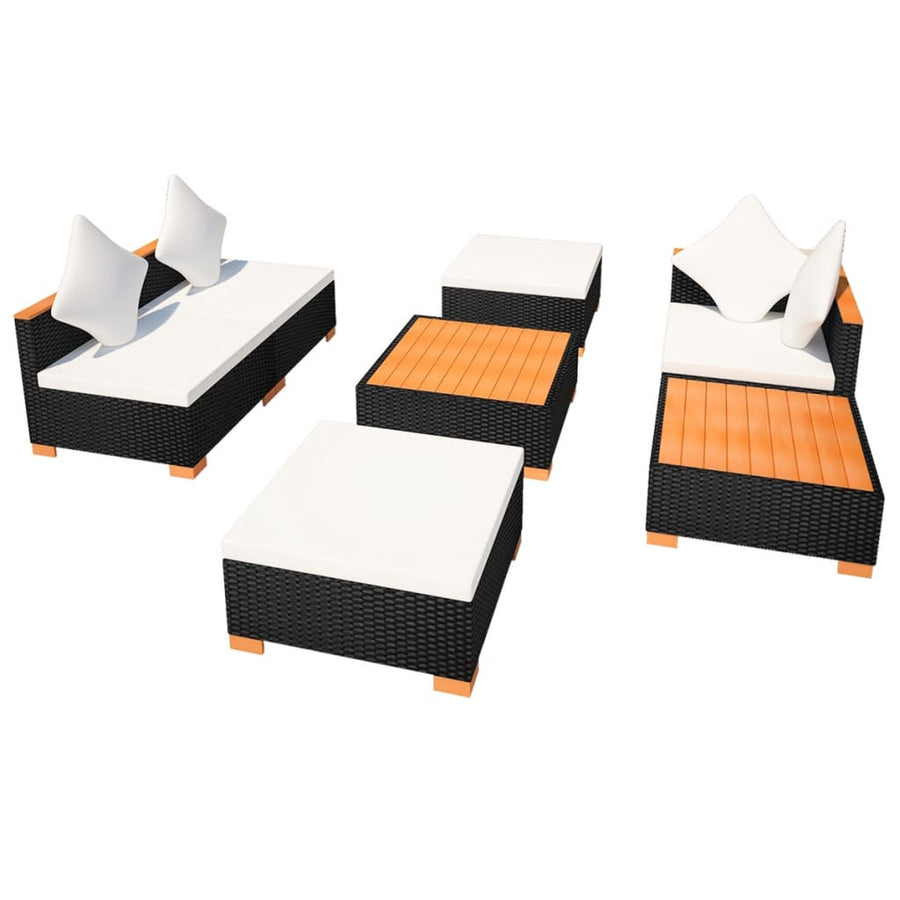 7-Delige Loungeset Met Kussens Poly Rattan Zwart hoek + 2x midden + 3x voetensteun + Tafel