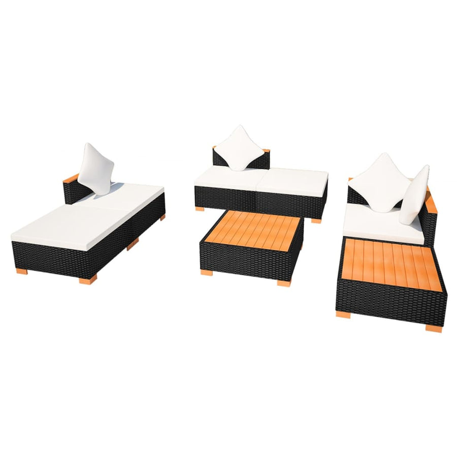 7-Delige Loungeset Met Kussens Poly Rattan Zwart hoek + 2x midden + 3x voetensteun + Tafel