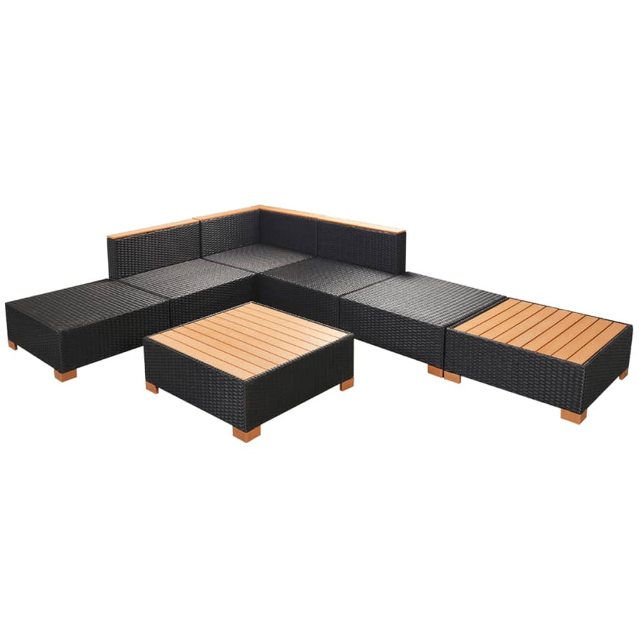 7-Delige Loungeset Met Kussens Poly Rattan Zwart hoek + 2x midden + 3x voetensteun + Tafel