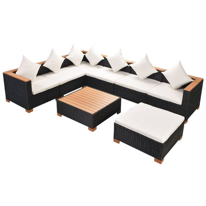 8-Delige Loungeset Met Kussens Poly Rattan Zwart 3x hoek + 3x midden + voetensteun + Tafel