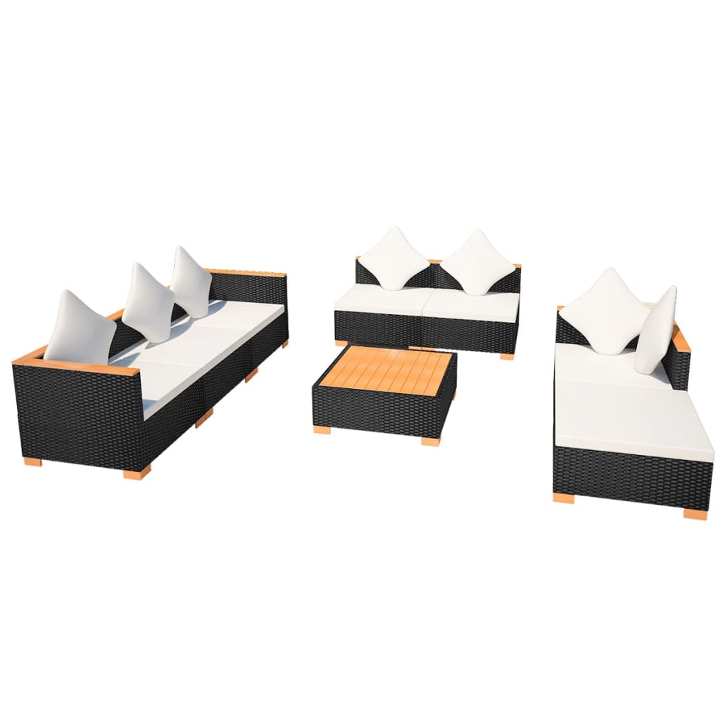 8-Delige Loungeset Met Kussens Poly Rattan Zwart 3x hoek + 3x midden + voetensteun + Tafel