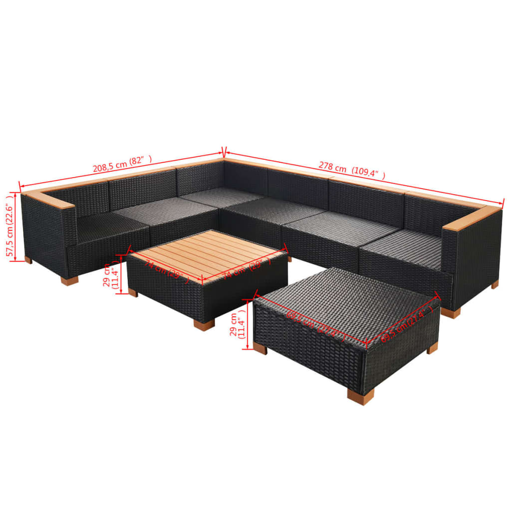 8-Delige Loungeset Met Kussens Poly Rattan Zwart 3x hoek + 3x midden + voetensteun + Tafel