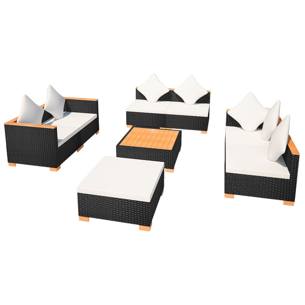 8-Delige Loungeset Met Kussens Poly Rattan Zwart 3x hoek + 3x midden + voetensteun + Tafel