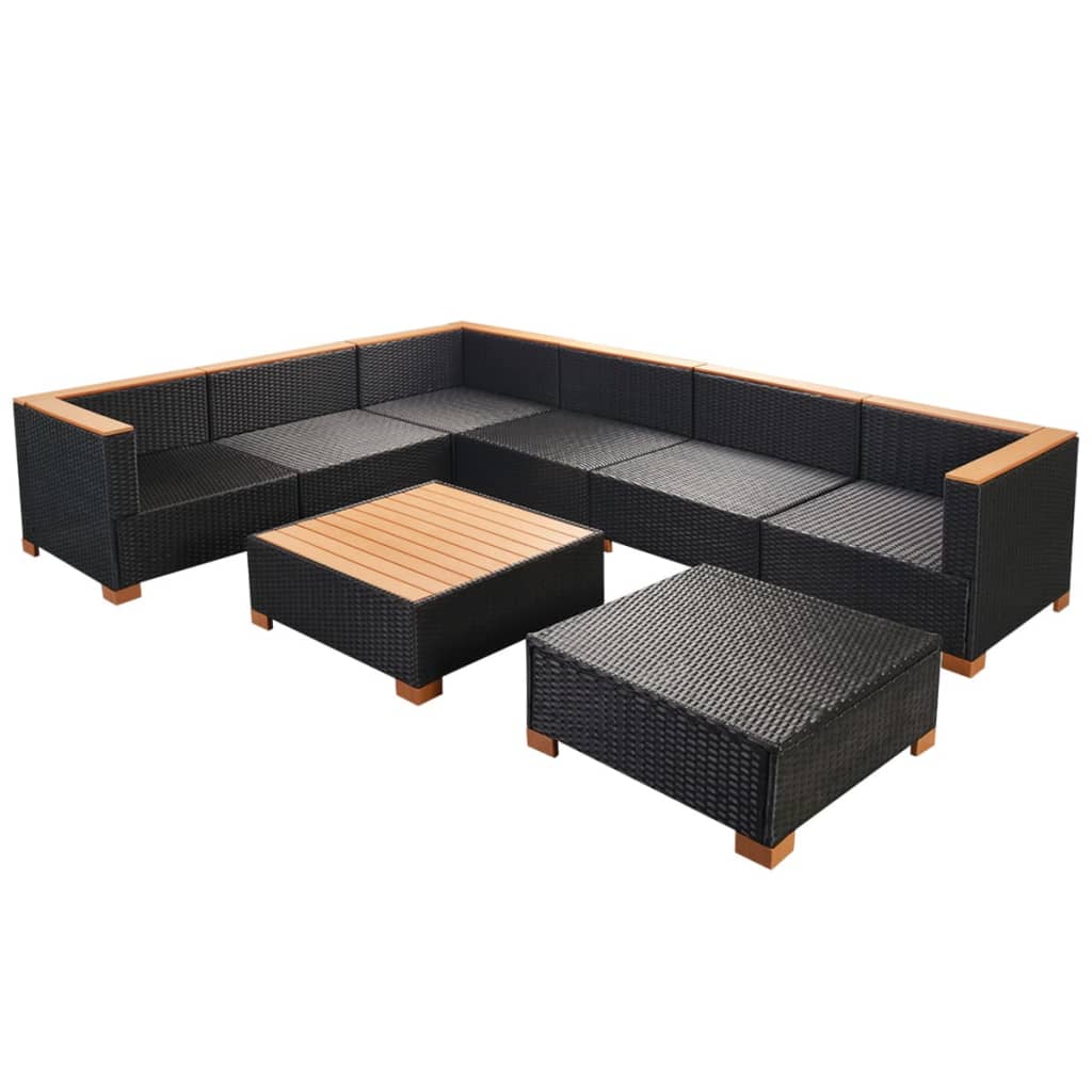 8-Delige Loungeset Met Kussens Poly Rattan Zwart 3x hoek + 3x midden + voetensteun + Tafel