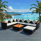 8-Delige Loungeset Met Kussens Poly Rattan Zwart 3x hoek + 3x midden + voetensteun + Tafel