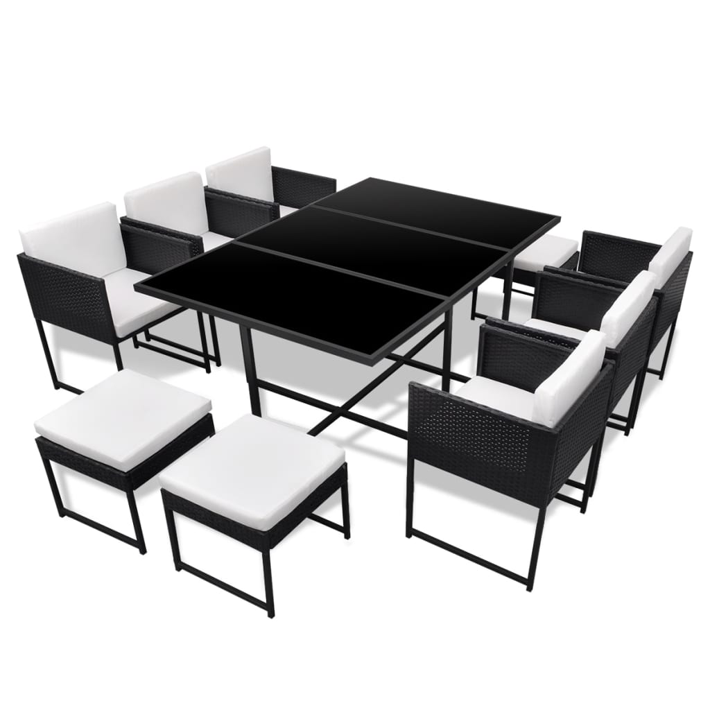 11-delige Tuinset met kussens poly rattan zwart