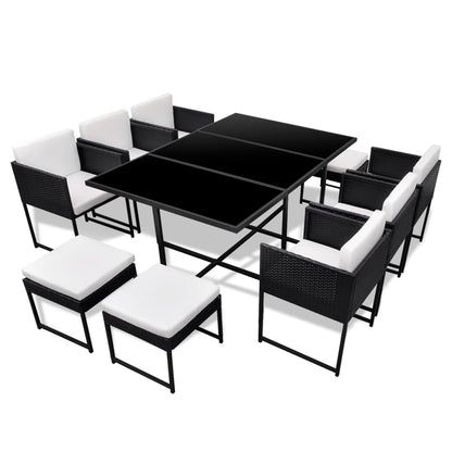 11-delige Tuinset met kussens poly rattan zwart