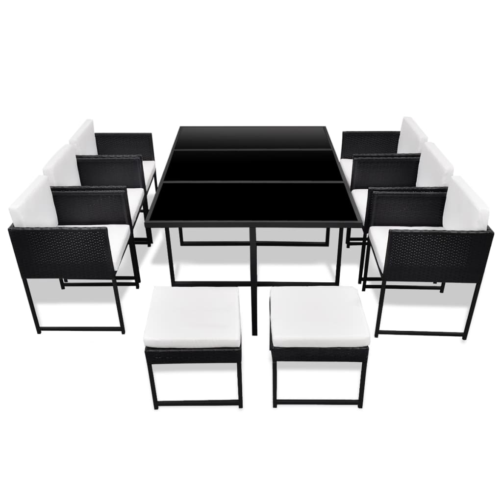 11-delige Tuinset met kussens poly rattan zwart
