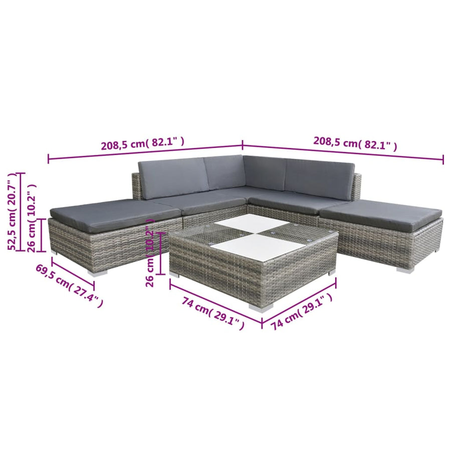 6-delige Loungeset met kussens poly rattan grijs