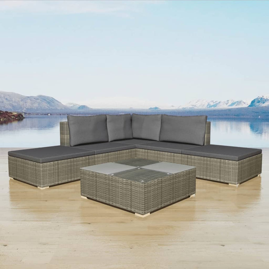 6-delige Loungeset met kussens poly rattan grijs