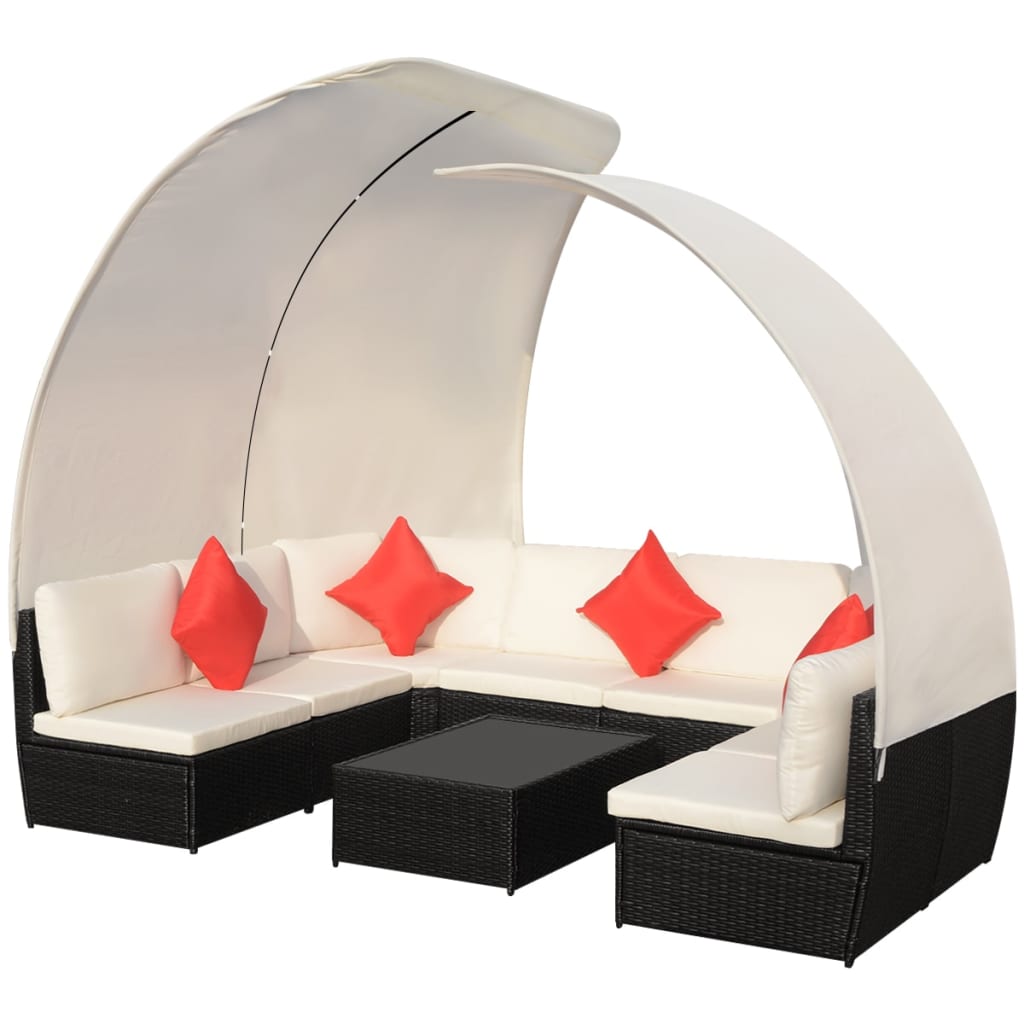 9-Delige Loungeset Met Luifels Poly Rattan Zwart