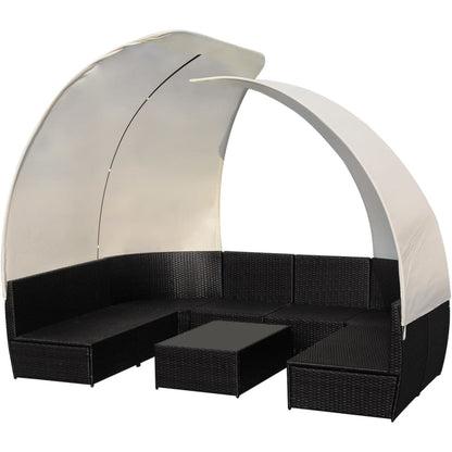 9-Delige Loungeset Met Luifels Poly Rattan Zwart