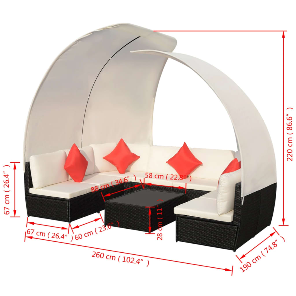 9-Delige Loungeset Met Luifels Poly Rattan Zwart