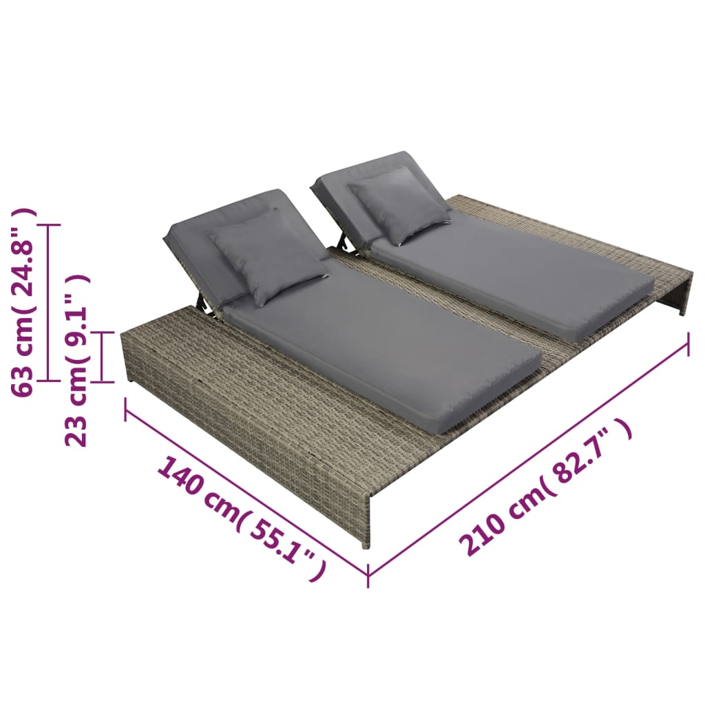 Ligbed met kussen tweepersoons poly rattan grijs