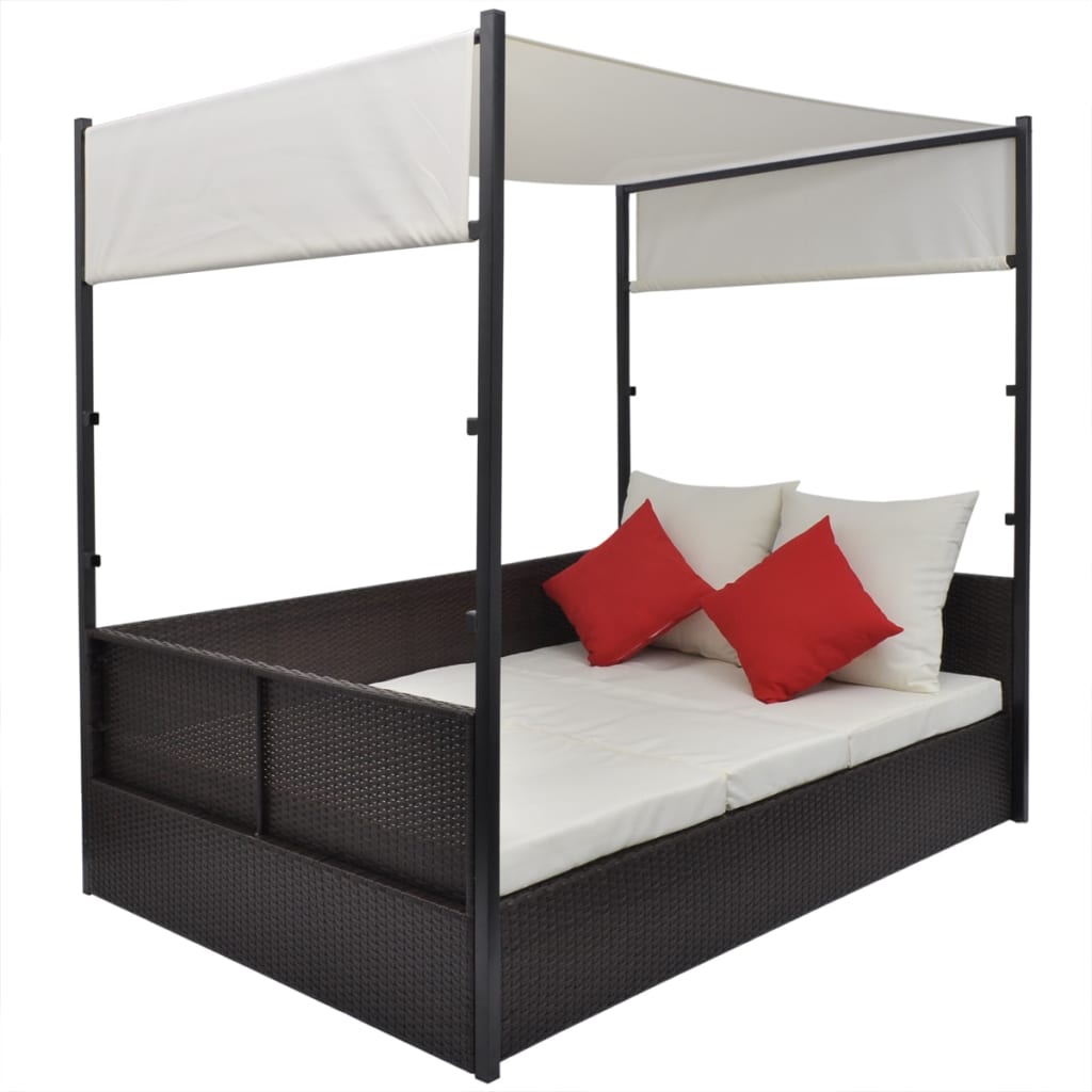 Tuinbed Met Luifel 190X130 Cm Poly Rattan Bruin