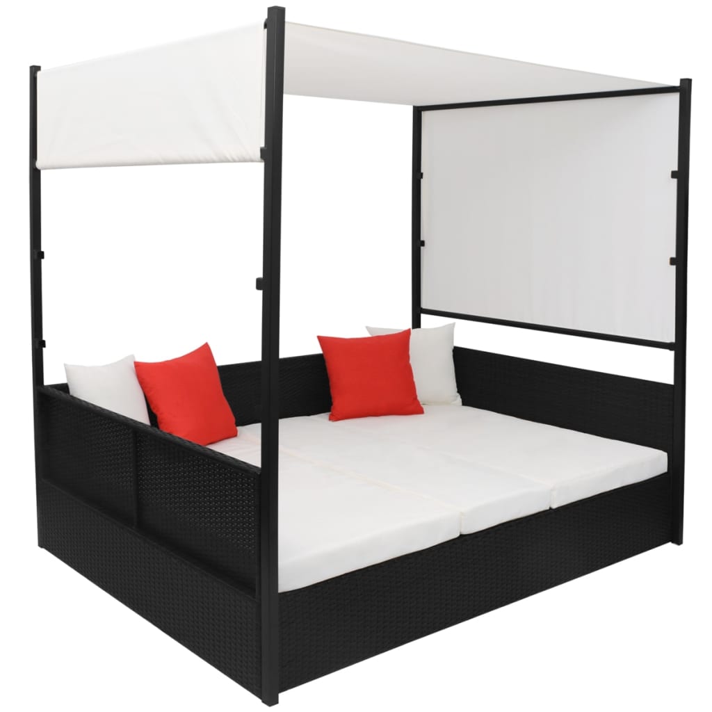 Tuinbed Met Luifel 190X130 Cm Poly Rattan Zwart