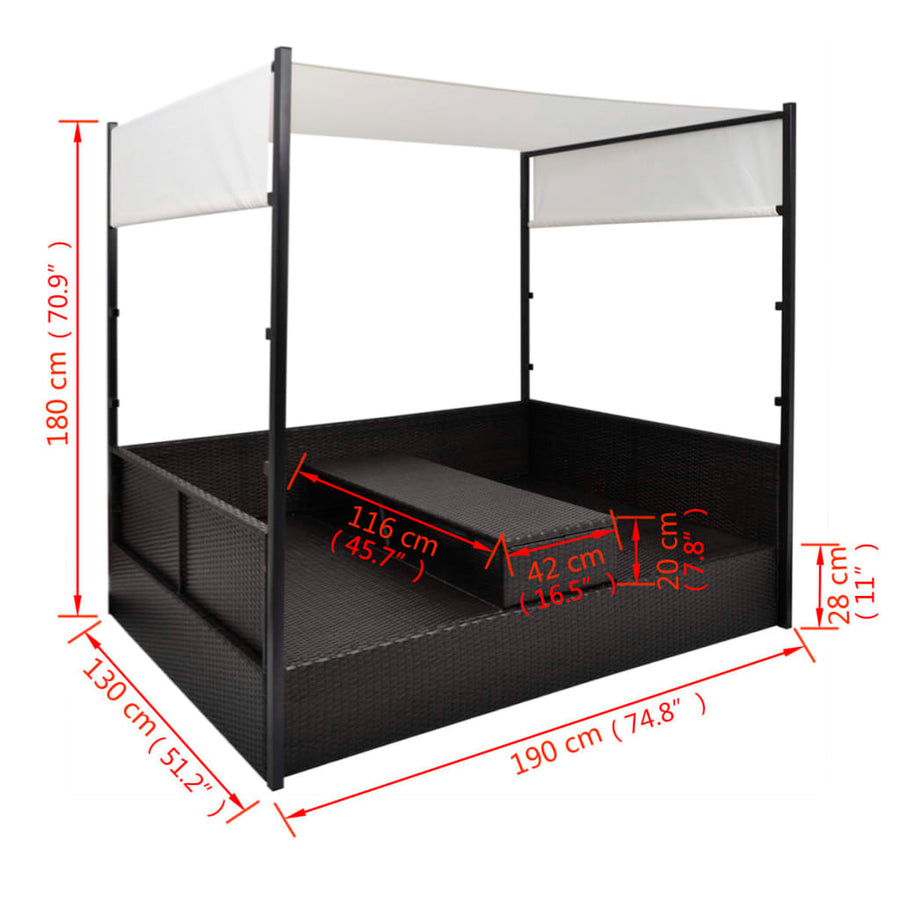 Tuinbed Met Luifel 190X130 Cm Poly Rattan Zwart