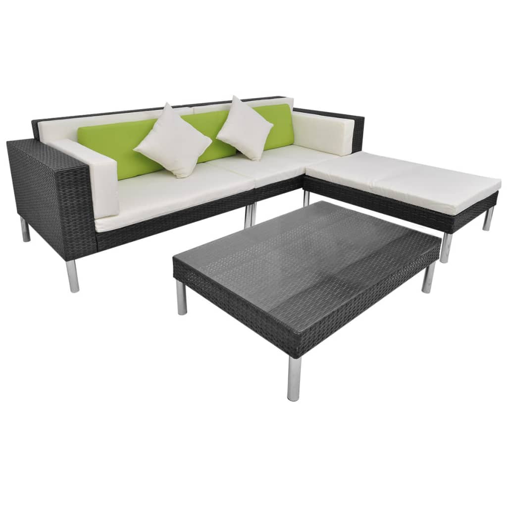4-delige Loungeset met kussens poly rattan zwart
