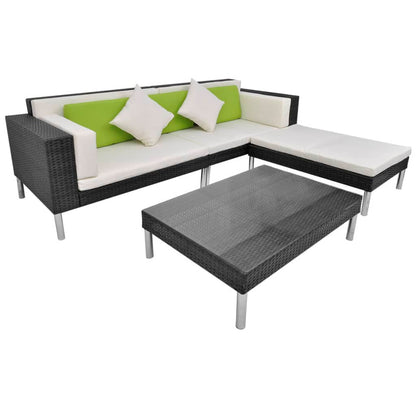 4-delige Loungeset met kussens poly rattan zwart