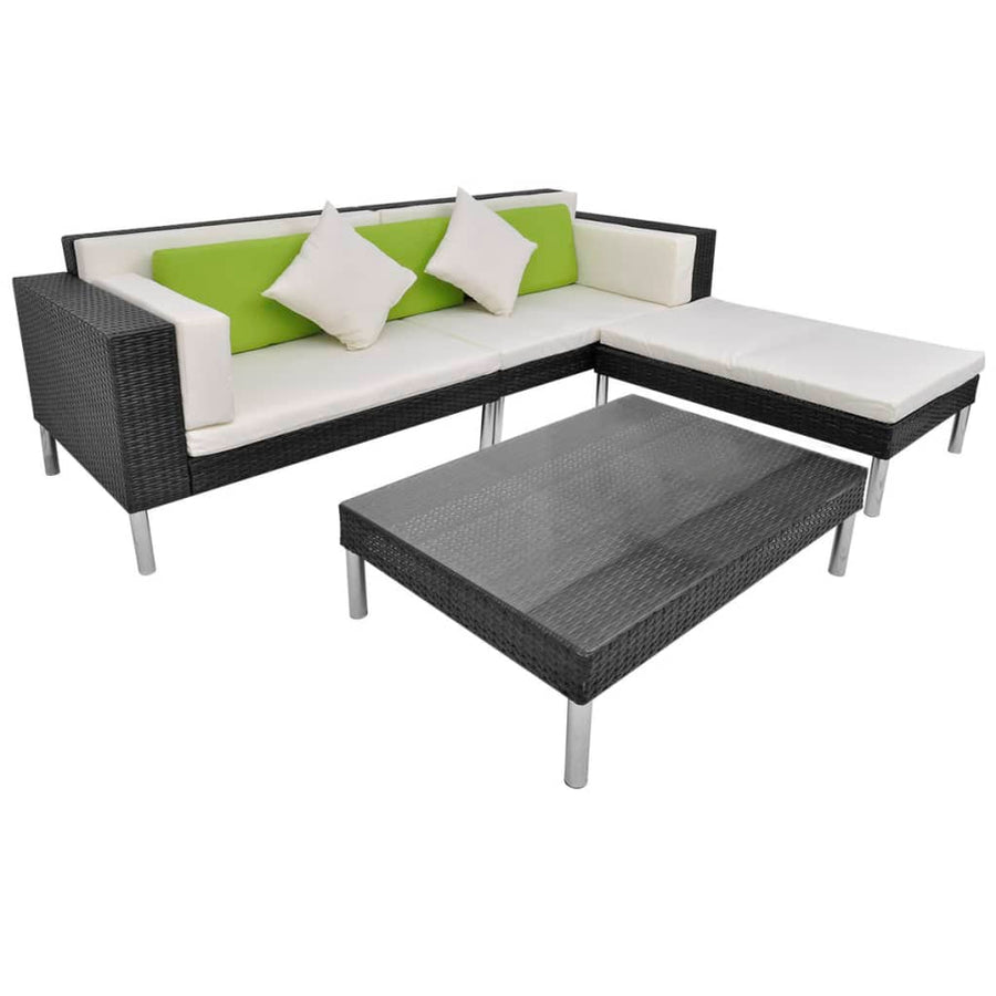 4-delige Loungeset met kussens poly rattan zwart