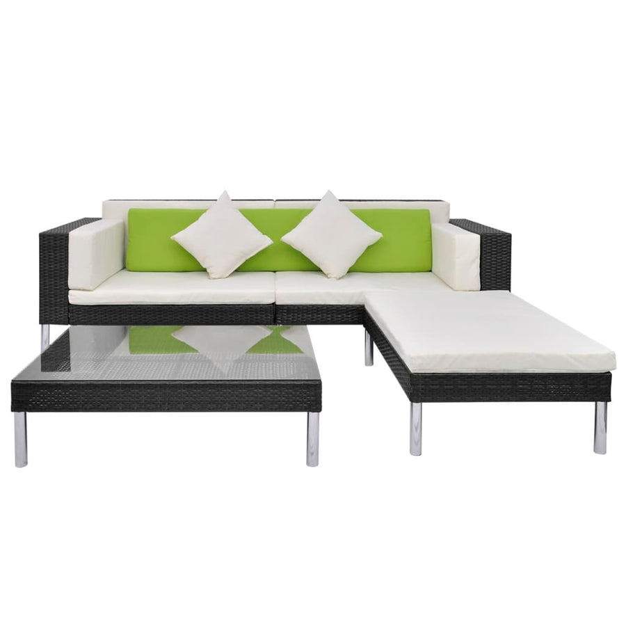 4-delige Loungeset met kussens poly rattan zwart