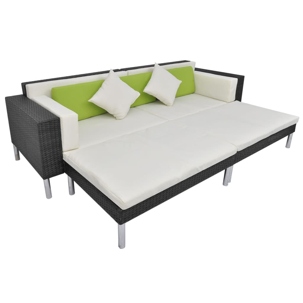 4-delige Loungeset met kussens poly rattan zwart