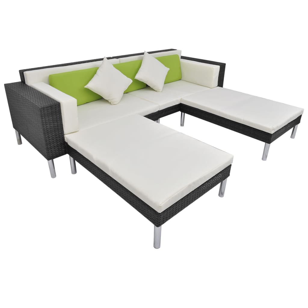 4-delige Loungeset met kussens poly rattan zwart
