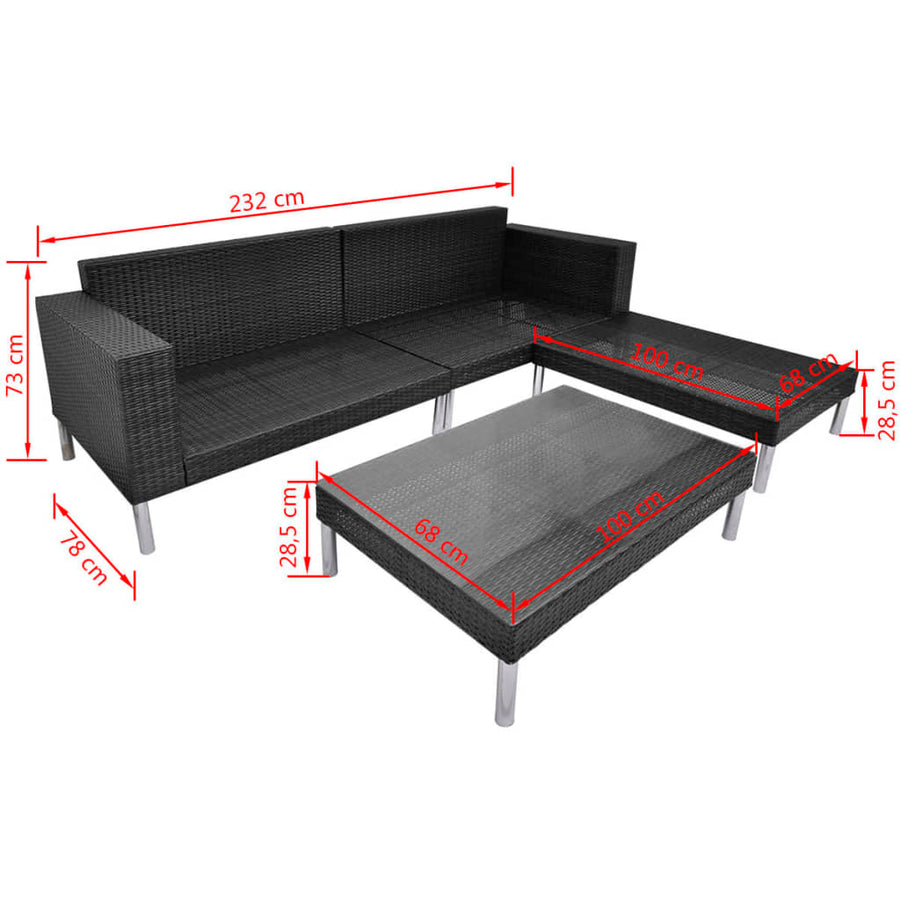 4-delige Loungeset met kussens poly rattan zwart